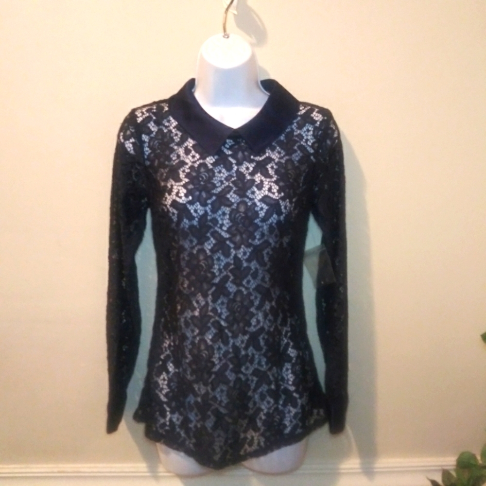 Modcloth Go Down In Mystery Satin Trimmed Blue Lace Blouse - Picture 9 of 9
